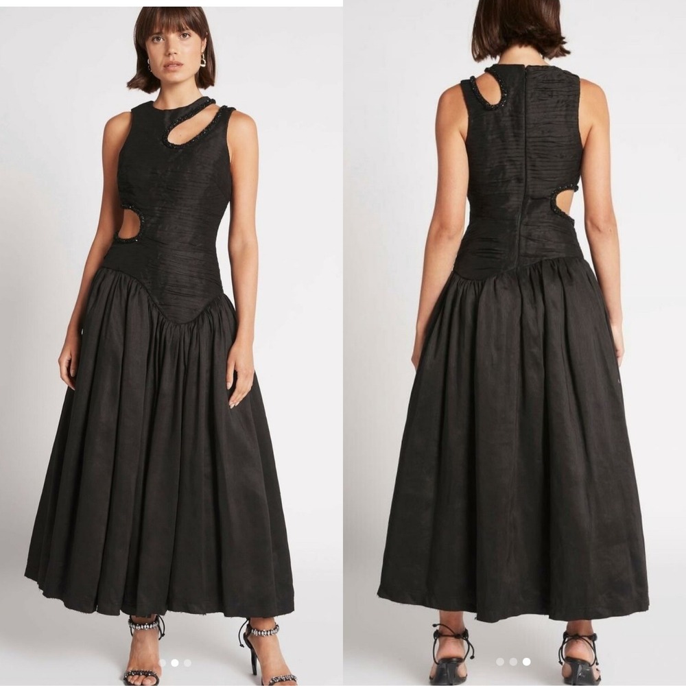 Aje Jolie Black Beaded Cutout Ruched Sleeveless‎ Midi Dress US 2